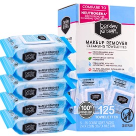 Berkley Jensen Makeup Remover Wipes,125 Cleansing Towelettes, Ultra-Soft Cleansing Facial Towelettes for Waterproof Makeup, Alcohol-Free, Plant-Based, Flip-Top Packs, 25 ct (Pack of 5)