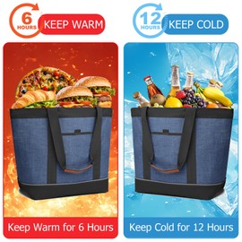 Insulated Cooler Bag, Reusable Grocery Tote Bags for Hot/Cold, Leakproof Thermal Food Delivery Bag for Shopping, Beach, Travel, Picnics, Dark Blue