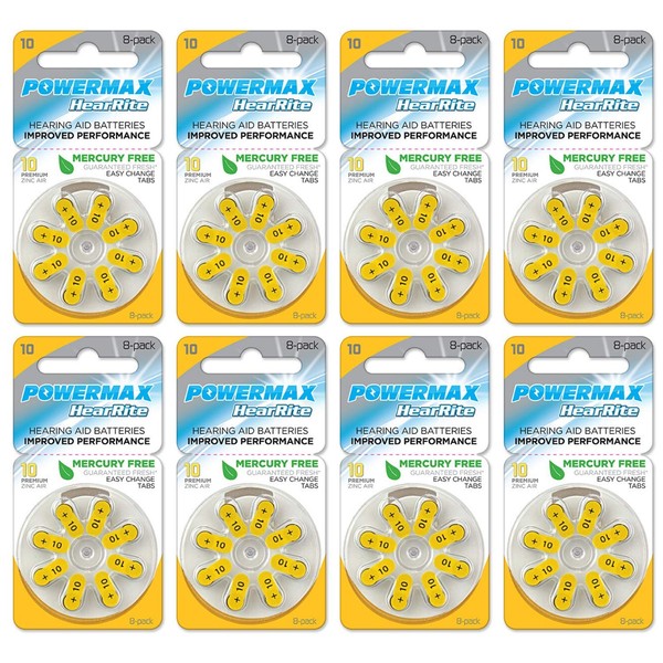 Powermax Size 10 Hearing Aid Batteries, Made In USA, Yellow Tab, 64 Count