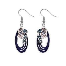 Rennie Mackintosh Inspired Oval Rose and Leaves 27mm Hook Earrings (Purple/Lilac)