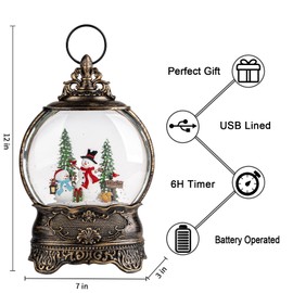 Christmas Snow Globes, Snowman Family Squirrel Cardinal Water Lantern, 8 Christmas Music, USB Powered & Battery, Holiday Decorations Gifts for Family Children or Friends