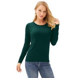 GRACE KARIN Women's Long Sleeve Pullover Casual Knitted Blouse Sweater Crew Neck Lace Knitwear Elastic Autumn Winter Outfits, dark green