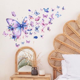 PLIGREAT 2 Sheets Watercolor Butterfly Wall Decals Purple Blue Butterfly Wall Stickers Removable Vinyl Peel and Stick Wall Stickers for Bedroom Living Room Nursery Wall Decor DIY Wall Art Decorations