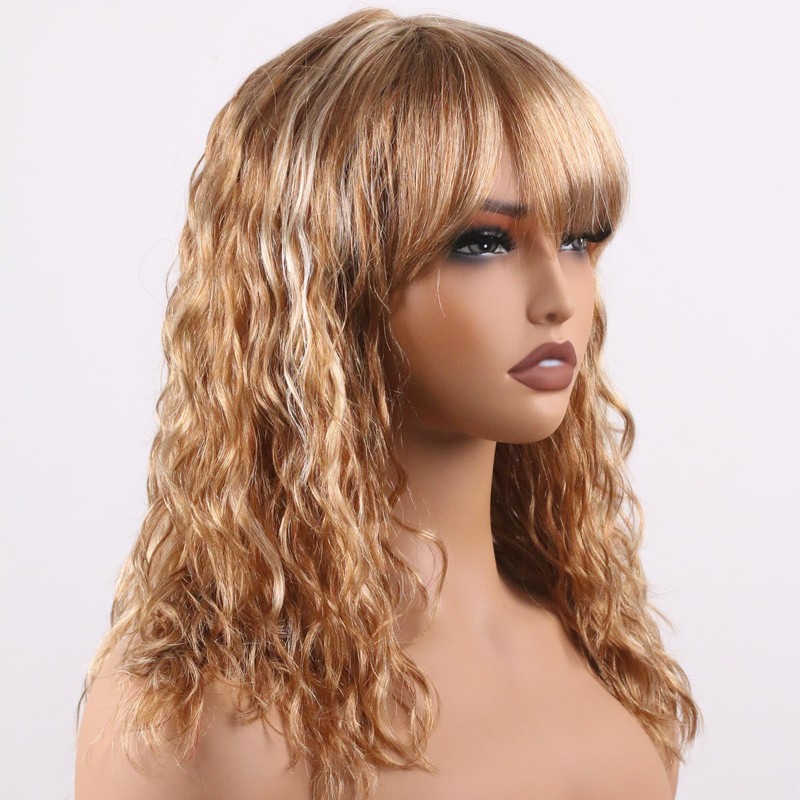 Peluca Pelo Humano Body Wave Marrón Rubio Flequillo 16 Pulg