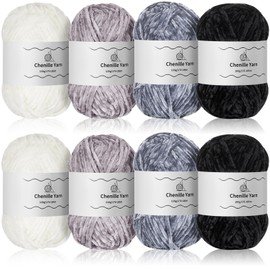 Timgle 8 Skein 1575yd Chunky Chenille Yarn for Crocheting, Fluffy Velvet Yarn Crochet Yarn Soft Plush Chunky Yarn for Hand Knitting Blanket Yarn,3.5oz(Milky White, Light Gray, Black, Purple Gray)
