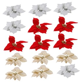 Ipetboom 15pcs Glitter Artificial Christmas Flowers Decoration for Tree Wreath Table Centerpiece Gold Red Silver Xmas Floral Ornaments for Holiday Party and Home Decor