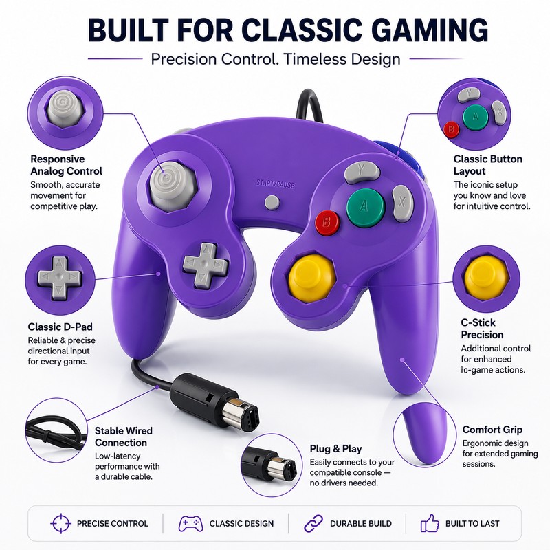 Wired GameCube Controller for Retro Gaming – Plug-and-Play Gamepad for