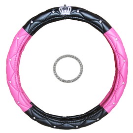 NewL Bling Bling Car Steering Wheel Cover with Crown for Girls & Women - Cute and Pink, natural Latex Non-toxic and odorless Safe Driving (Black & Pink Diamond)