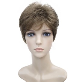 Wigsinway Short Synthetic Wigs Golden Brown Fluffy Straight Full Bang Capless Heat Resistant Fiber Wigs for Women