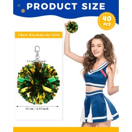 Remuuly 40 Pcs Cheer Pom Pom Keychain Cheerleader Gifts Cheerleading Keyring Charm Foil with Keychain Hooks for Women Accessories (Metallic Green Gold)