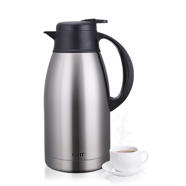 GiNT Stainless Steel Thermal Coffee Carafe, Double Walled Vacuum Water and Beverage Dispenser, 12 Hour Heat Retention, 65 OZ /1.9 Liter, Silver