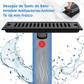 HEEDU Drenaje de Piso Rectángulo, SUS304 Hogar Acero Inoxidable Accesorios de Drenaje,Panel de Franjas Horizontales Extraíble,Desodorización Antiobstrucción(10 * 30CM) (Negro)