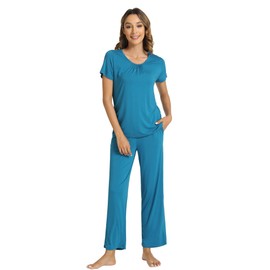 WiWi Women's Viscose from Bamboo Short Sleeve Pajama Set Soft Pants Lounge Sets Comfy Sleepwear S-XXL, Teal Blue, Large