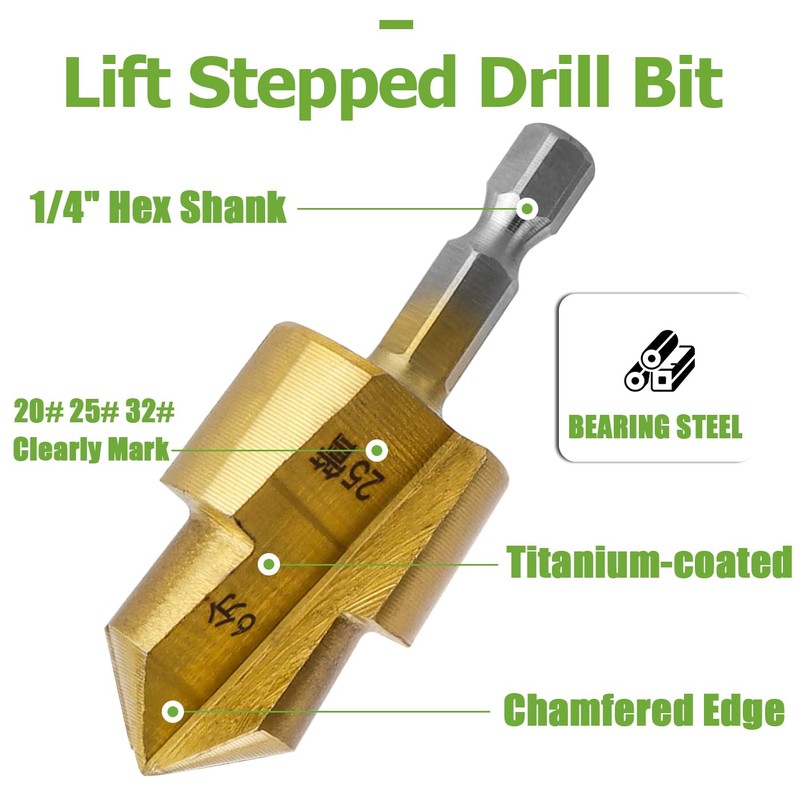 Bestgle 3 Pcs PPR Lifting Step Drill Bits, 1/4" Hex