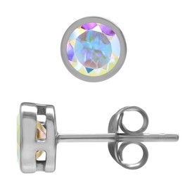 Silvershake - arete de plata de ley 925 chapados en oro blanco de 14 quilates y 18 quilates chapados en oro amarillo de 14 quilates y bisel de piedra natal para mujeres y adolescentes, Plata de ley