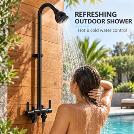 Matte Black Exposed Outdoor Shower System with 2-Handle Mixing Valve and 360° Adjustable Shower Head