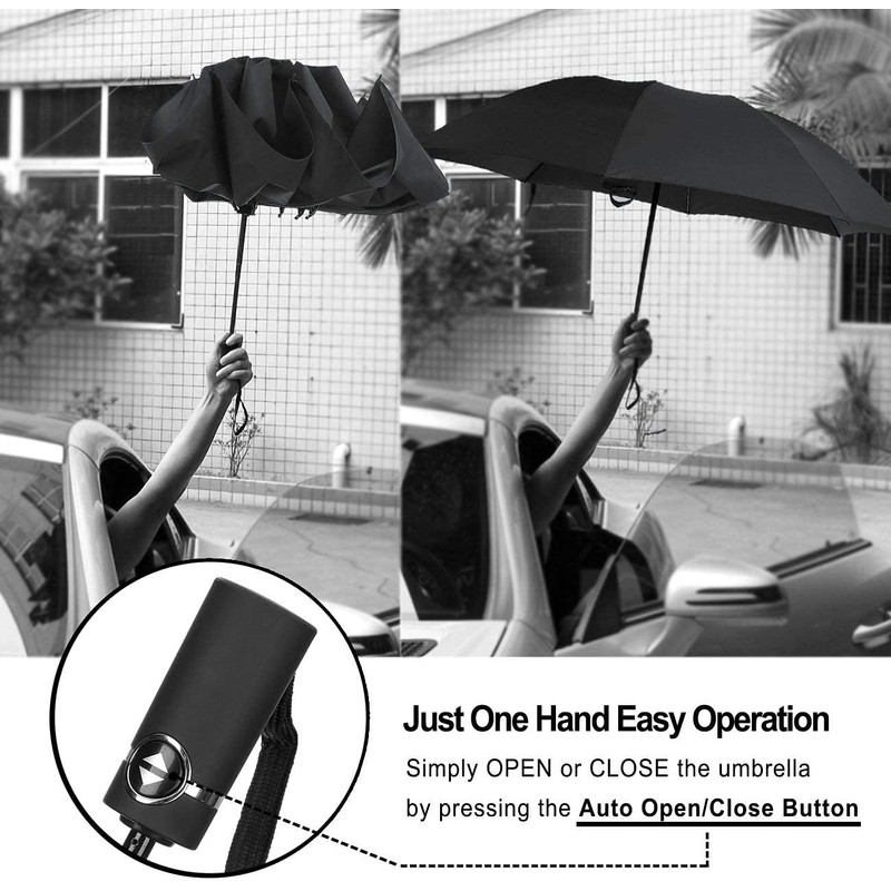 LANBRELLA Compact Reverse Folding Umbrella Auto Windproof Travel Umbrella-Black
