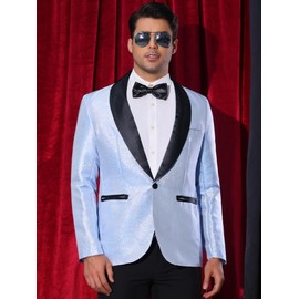 Lars Amadeus Blue Glitter Tuxedo for Men's Shawl Lapel Wedding Metallic Party Sparkly Blazer Large