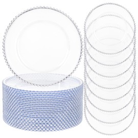 ejonirinjonir 20pcs Clear and Silver Charger Plates 13inch Plastic Charger Plates Plastic Round Dinner Plate with Beaded Rim for Home Birthday Wedding Party Events Table Decor