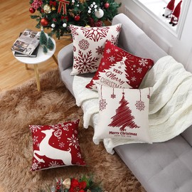 CAROMIO Red Christmas Cushion Covers 40 cm, Christmas Decorations Cushion Covers Set of 4, Merry Christmas with Deer Pattern for Christmas Home Decoration, Xmas Cushion Covers 40 x 40 cm