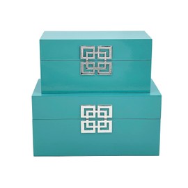 Galt International Large & Small Decorative Storage Box w/Hinged Lid - Classic Design Wood Decor Boxes with Geometric Opening Clasp - Storage for Bedroom and Home - Set of 2 (Blue)