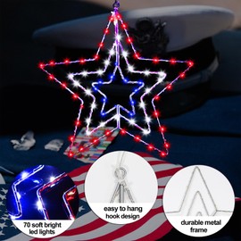 4th of July Patriotic Red White and Blue Decorations Lights, 3 Layers of 14 inch Star Lights with Rotatable Function, Metal Frame Memorial Lights with Remote, 8 Modes & Timer for Home Décor(2PACK)