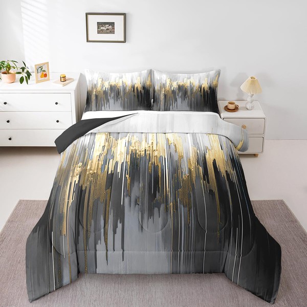 Erosebridal Black Grey Comforter Set Queen Greyish White Painting Bedding