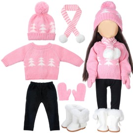 Bencailor Winter 18 Inch Doll Clothes and Accessories Winter Outfits Set Sweaters Trousers Hats Shoes for 18 Inch Doll Gifts(Pink White)