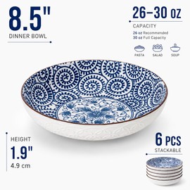 YALONG Pasta Bowls Set of 6, 30oz Salad Bowls, 8.5 Inch Wide and Shallow Soup Bowls, Dinner Bowls for Pasta, Noodles, Salad & Serving, Microwave and Dishwasher Safe