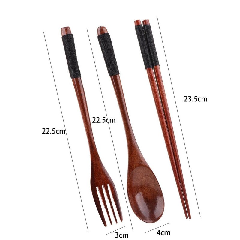 Cutlery 3PCS Fork Chopsticks Spoon Set Portable Tableware Chinese Wooden