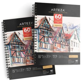 ARTEZA Mixed Media Sketchbook, 9x12 Inches – 2-Pack, 60 Spiral-Bound Sheets, 110 lb Acid-Free Paper for Wet & Dry Media: Acrylic, Ink, Pencil & More