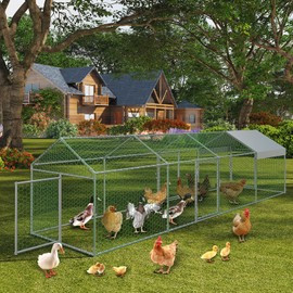 GAOMON Large Metal Chicken Coop with Waterproof and Anti-UV Cover, 160" x40" x40" Chicken Run with 4 Doors, Outdoor Hen House for Yard, Walk in Poultry Cage for Rabbit Duck Goose, Silver