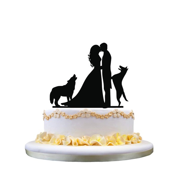 Wedding Cake Topper Silhouette couple kissing with Two Dogs Cake decoration