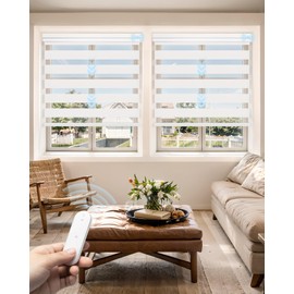 JaeJaes Motorized Zebra Blinds with Remote Control, Cordless Light Filtering Smart Blinds for Windows Home and Office, White, 47" W x 72" H