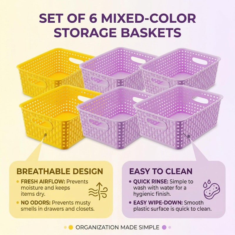 Small Plastic Baskets 6-Pack, Open Storage Weave Baskets Mixed Color,