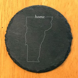 Rustic Slate Coasters Set of 4, Round 4" with Vermont 'Home' Design, Laser Etched, Perfect for Holidays, Birthdays, Housewarming Gifts, Made in Oregon, USA, Natural Chipped Edge, Rubber Feet