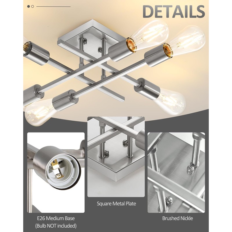 Eidonta 6-Light Semi Flush Mount Ceiling Light Fixture, Modern Brushed