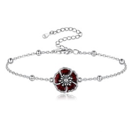 Zepmais Poppy Bracelet 925 Sterling Silver for Women-Flower Jewelry Elegant Adjustable Chain Memorial Day Remembrance Gifts