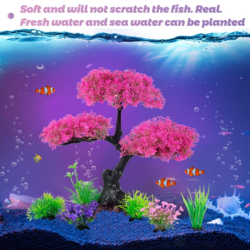 Ameliade Aquarium Artificial Plastic Plants Decoration, Pink Cherry Blossom Tree