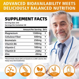 2 Pack Magnesium Glycinate Liquid, High Absorption Magnesium Liquid Drops with Cellulose Fiber, Bromelain, Vitamins B6 C D & Zinc, Magnesium Supplement for Adults & Kids, Pineapple Flavor