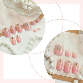48pcs Pink French Acrylic Press on Nails with Toenails Set Short Coffin Fake Nails with Glossy Rhinestones Designs Cute Pink False Nails Tips Heart Charms Stick on Toenails for Women Girls