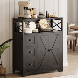 Yoobure Farmhouse LED Storage Cabinet with Doors and Shelves, Freesthanding Kitchen Pantry Cabinet with Drawers and Power Outlet, Wood Sideboard for Dining Room Living Room Coffee Bar Bathroom, Black