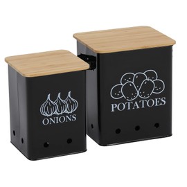 Kitchen Vegetable Storage Tins Set of 2 for Potatoes, Onion, with wooden lid Garlic Bin Caddy, Long Shelf Life-Black