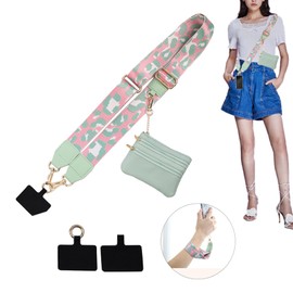 KSOPUERT Clip and Go Strap for Phone with Zippered Pouch Lanyard Crossbody Strap Wristband,Adjustable Phone Strap, Light Pink Leopard Print, /