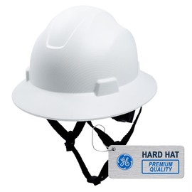 GE Hard Hat, Full Brim, Class G & E, Padded Sweatband, 4-Point Ratchet Suspension, ANSI Z89.1-2014, Safety Hard Hats for Men, Impact Resistant, Durable, Lightweight, Adjustable- Non-Vented, White
