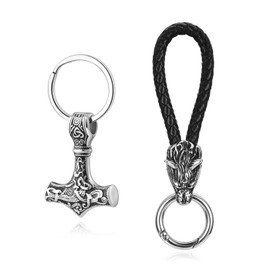 PiercingJak 2pcs Men Norse Thor's Hammer Keychain Genuine Leather Wolf Head Keychain Stainless Steel Nordic Mjolnir Key Rings Celtic Pagan Symbol Key Chain Amulet Jewelry