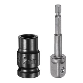 sourcing map Deep 6-Point Impact Socket 1/2" Drive 12mm Metric Socket 1.5" Length with 1/4" Hex Shank Adapter, CR-V Steel Socket Adapter Accessory Tool Set Kit for Hex Bolts Nuts