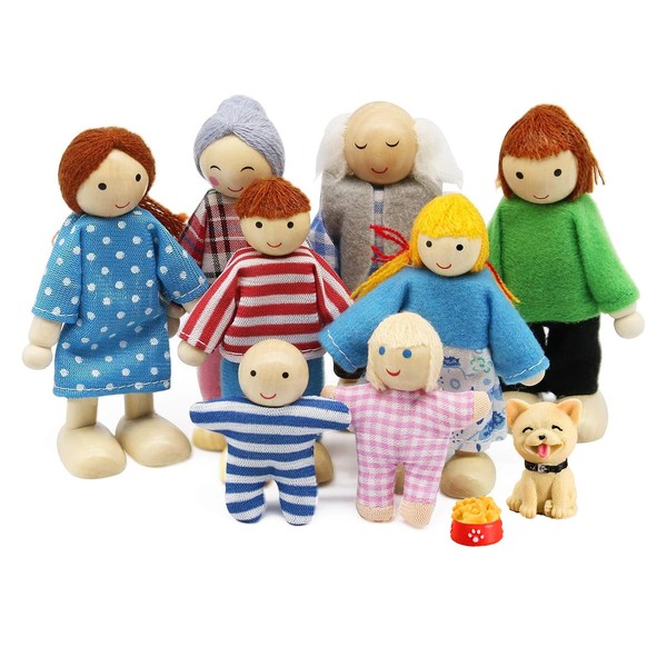 peiyee Wooden 8 Person Figures Dolls Play Set, Dollhouse Accessories, Role Play Toy, Dollhouse Dolls, Dollhouse Wooden Mini Dolls for Dollhouse Accessories, Girls, Children, Children's Toy Gift