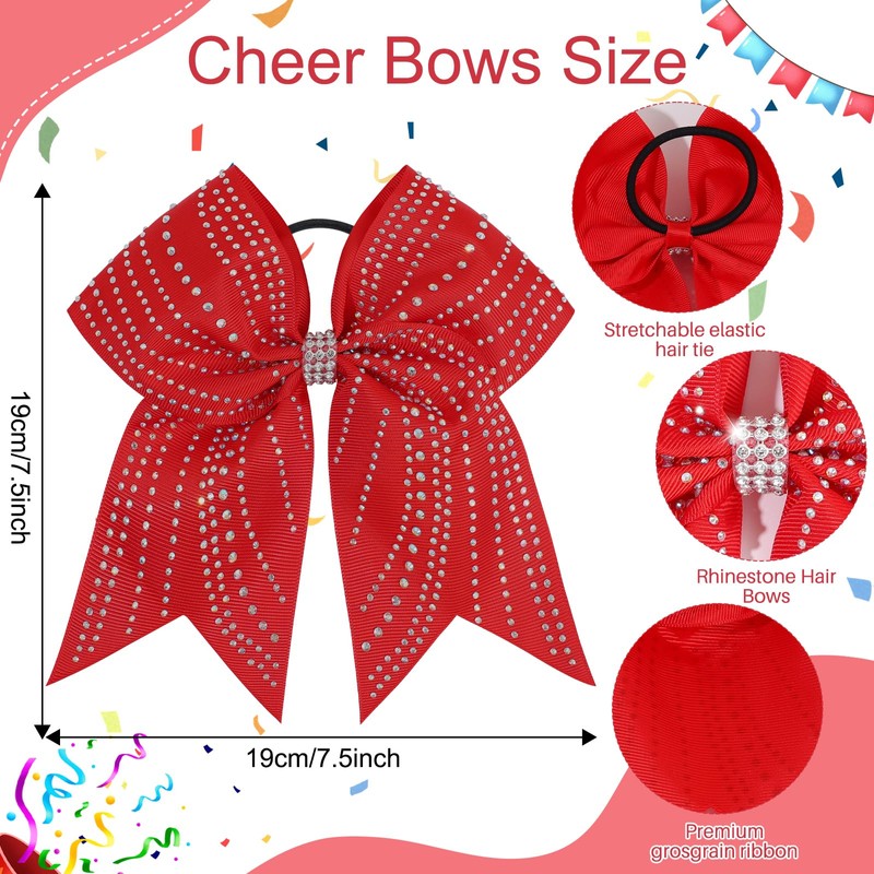 7.5" Red Rhinestones Large Glitter Cheer Hair Bows for Cheerleading