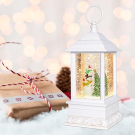 Christmas Decorations Musical Snow Globe Lantern, Glittering Lighted, 6H Timer, White (Two Snowman)